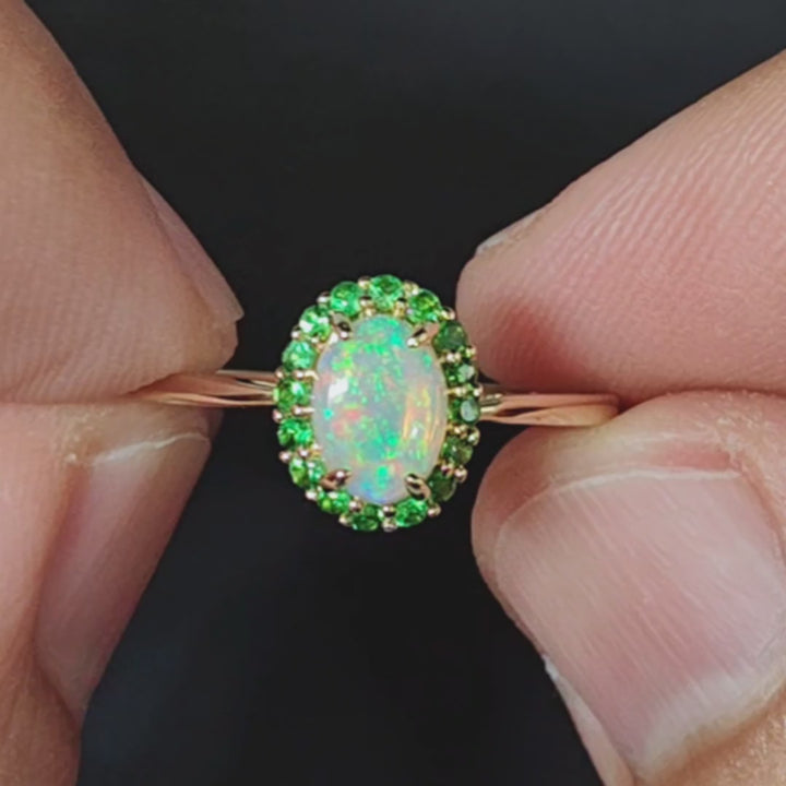 Engagement Ring featuring Australian Opal Halo Tsavorite