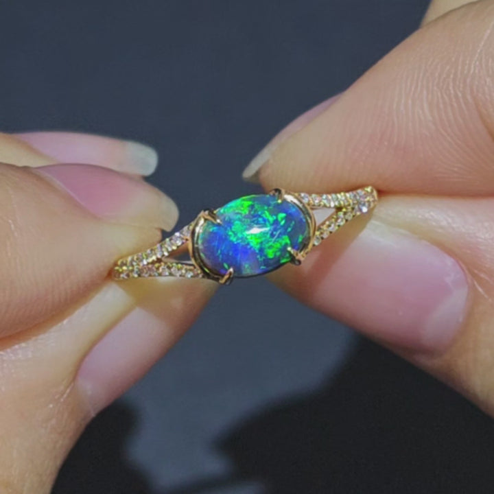 Black Opal Split Shank Engagement Ring with Pave Setting 14K
