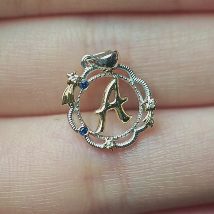 Elegant A Letter Blue Sapphire Pendant Necklace 14K Gold