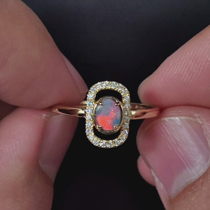 Black Opal & Halo Diamond Engagement Ring