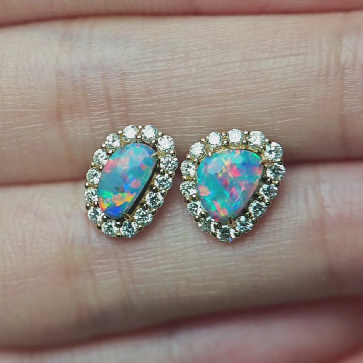 Halo Diamond Australian Boulder Opal Stud Earrings 14k Yellow Gold