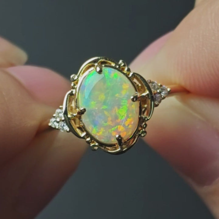 Oval Solid Opal Diamond Engagement Ring 14K