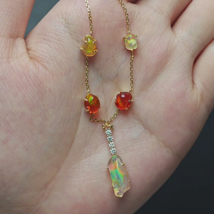 Five Charms Mexican Fire Opal Diamond Necklace 14K