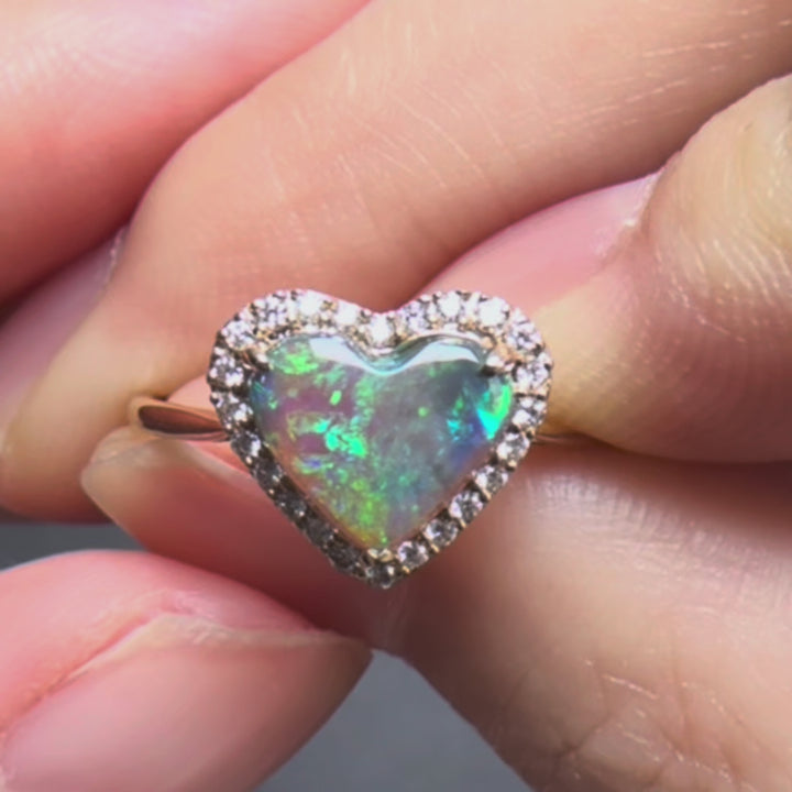 Heart Shaped Black Opal Halo Diamond Engagement Ring