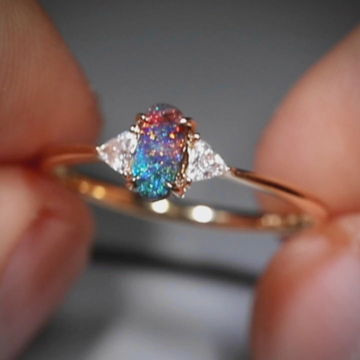 Three Stone Opal Diamond Engagement Ring