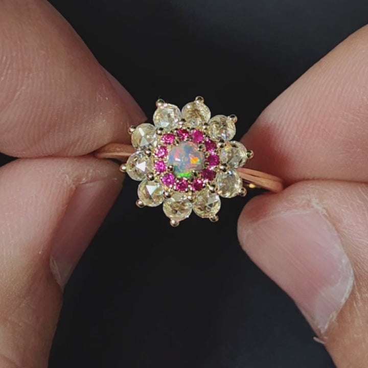 The Precious - Halo Diamond Black Opal Ruby Engagement Ring