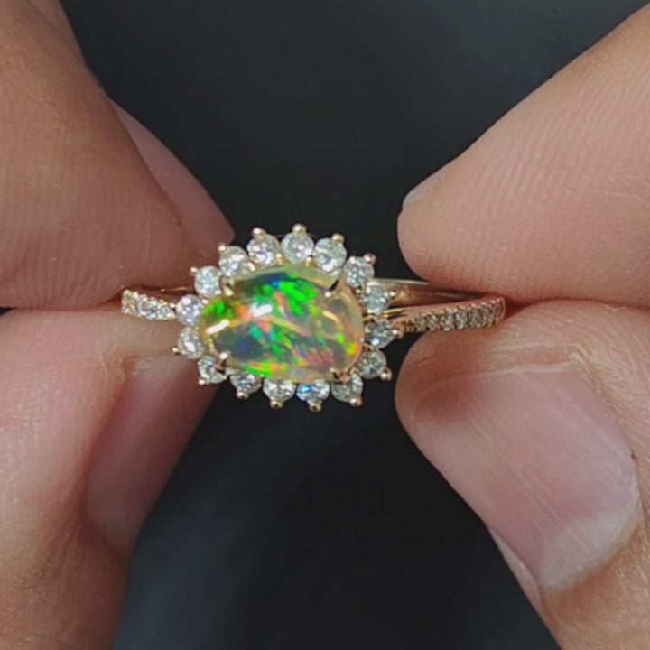 Exquisite Fire Opal Halo Diamond Engagement Ring