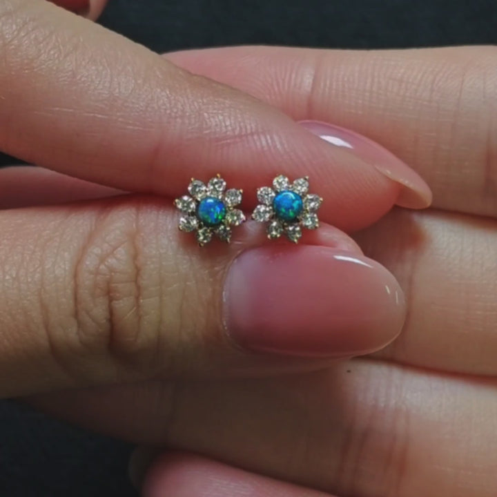 Classic Halo Design Black Opal Diamonds Stud Earrings