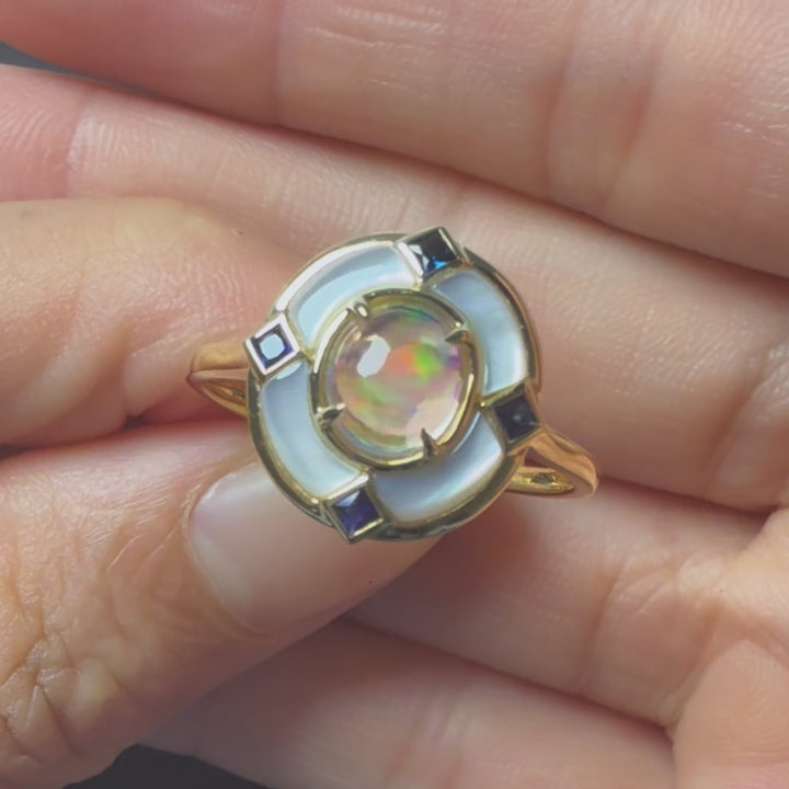 Art Deco Style Fire Opal Sapphire Engagement Ring