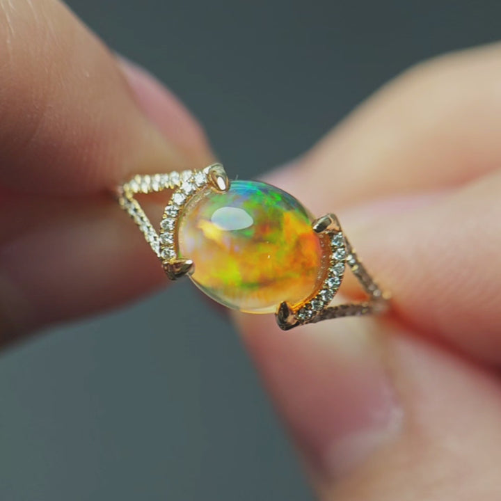 Mexican Fire Opal Split Shank Engagement Ring with Pave Setting 14K Yellow Gold