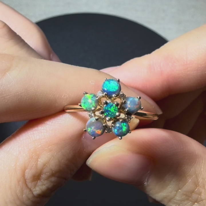 Australian Black Opal Flower Ring with Diamonds