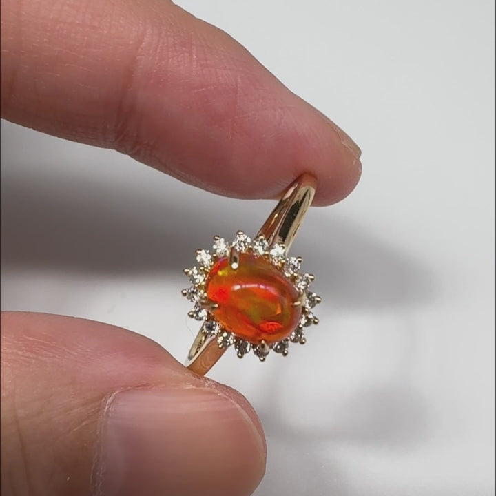 Rare Red Cabochon Fire Opal Diamond Ring