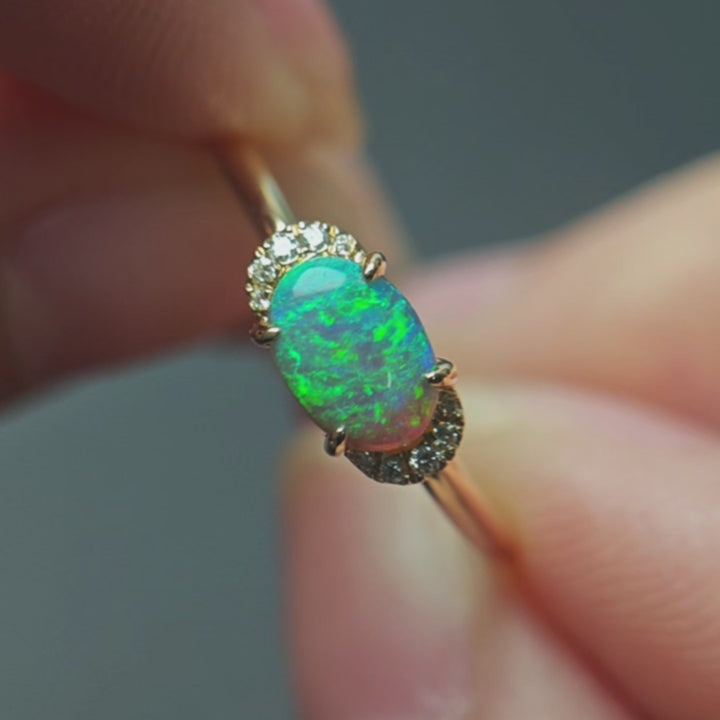 Minimalist Black Opal & Diamond Engagement Wedding Ring in 14K Yellow Gold