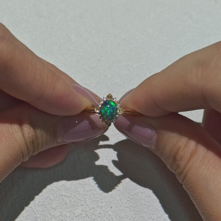 Rose Cut Diamond Black Opal Engagement Ring