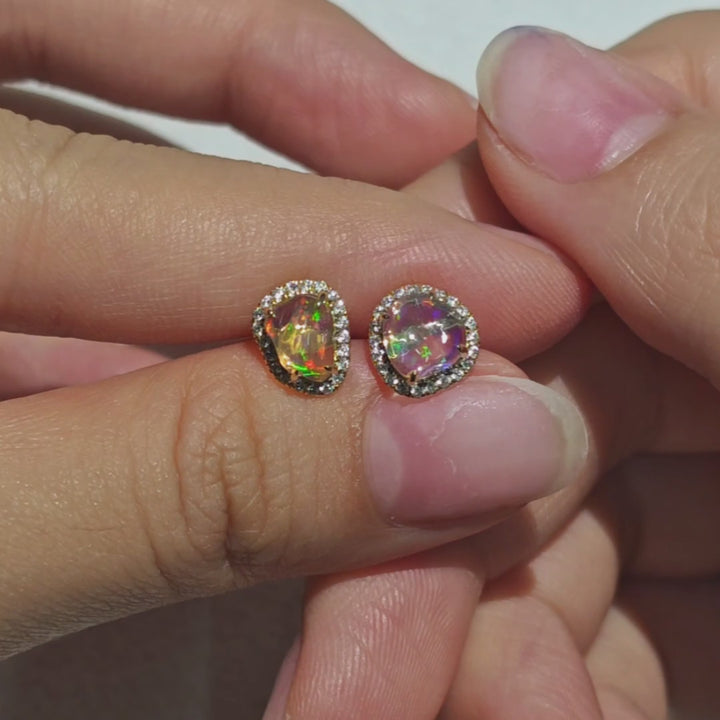 Fire Opal Diamond Halo Stud Earrings