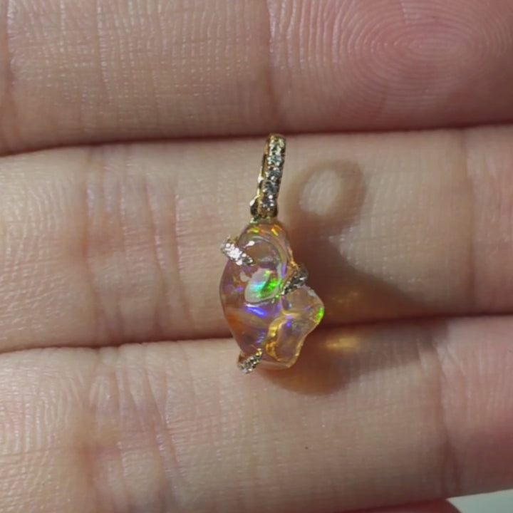 Stunning Mexican Fire Opal & Diamond Pendant Necklace