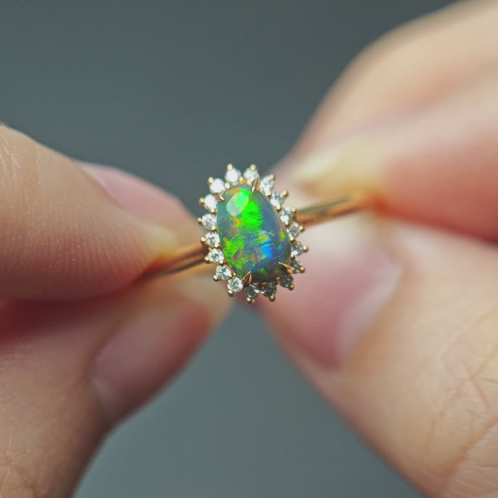 Australian Black Opal Diamond Halo Engagement Ring 18K Yellow Gold