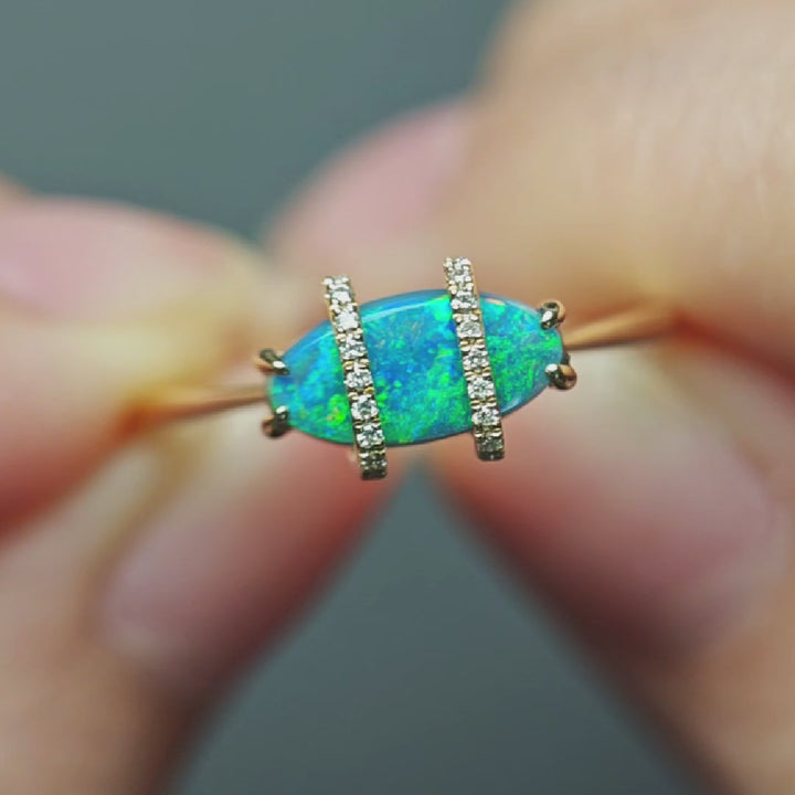 Ocean Blue Black Opal & Diamond Engagement Ring 14K Yellow Gold