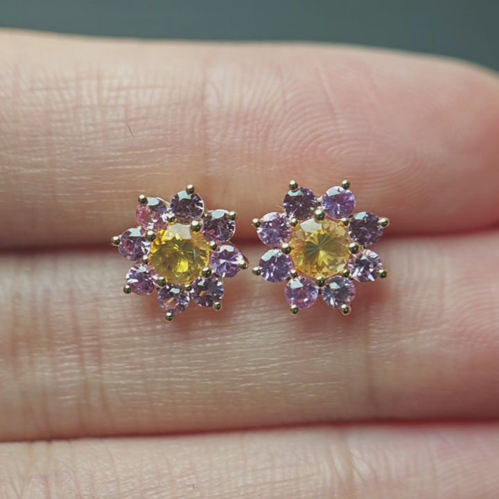 Classic Halo Design Fire Opal Pink Sapphire Stud Earrings 14K Yellow Gold