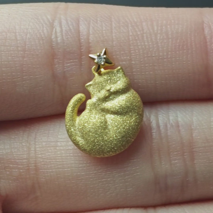 Sleeping Cat Necklace 14K Yellow Gold Sandblasted 
