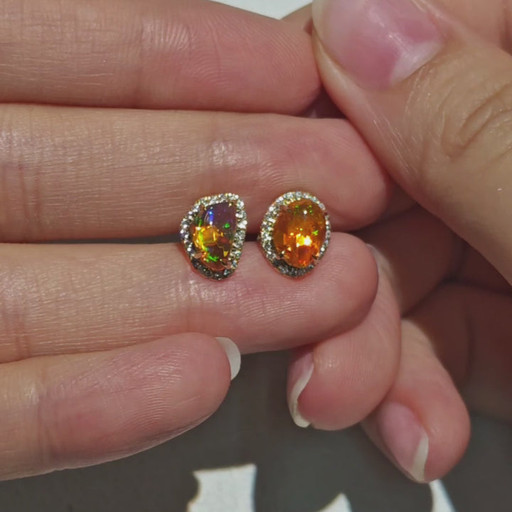 Asymmetrical Fire Opal Diamond Stud Earrings 