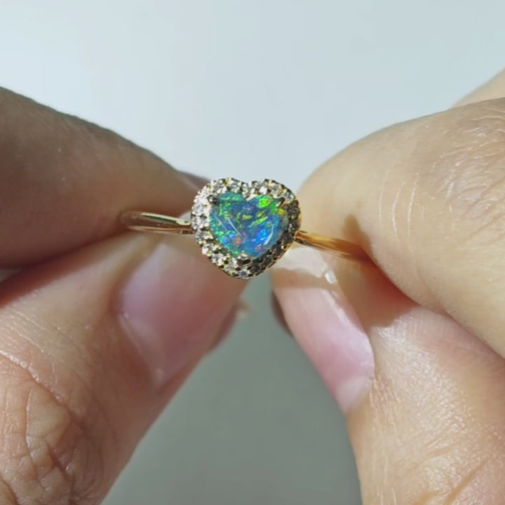 Heart Shaped Black Opal Halo Diamond Engagement Ring