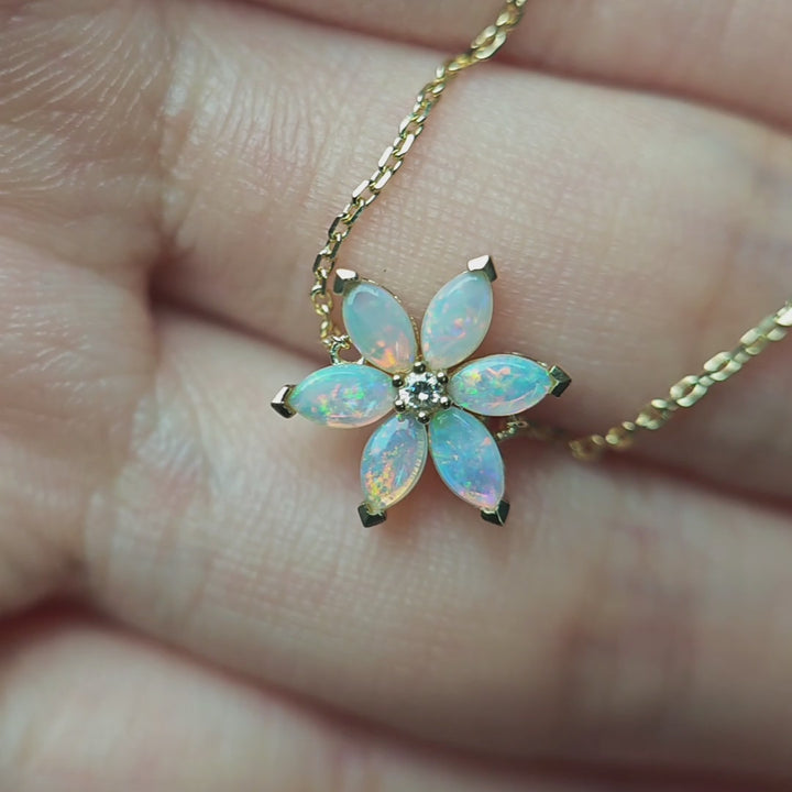 Water Lily Design Australian Solid Opal Diamond Bracelet 14K Yellow Gold
