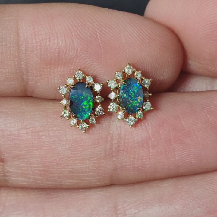 Stunning Boulder Opal & Halo Diamond Stud Earrings