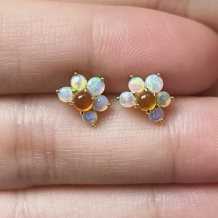 Sunburst Bloom Fire Opal & Australian Opal Flower Earrings