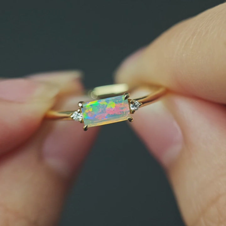 The Rectangle - Australian Solid Opal & Diamond Engagement Ring 14K Yellow Gold