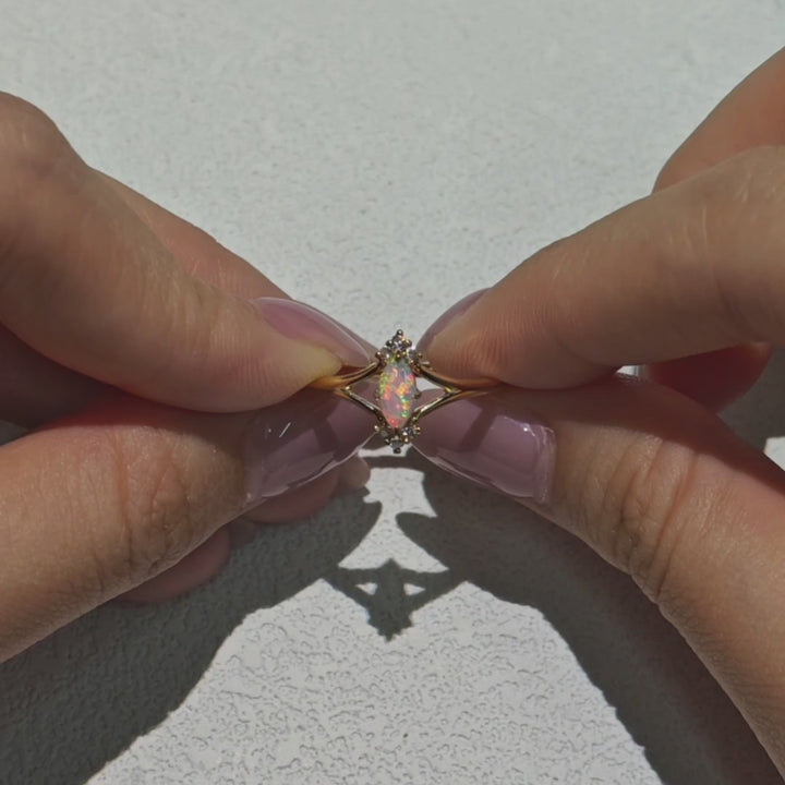 Marquise Cut Australian Solid Opal & Diamond Ring 14K Yellow Gold
