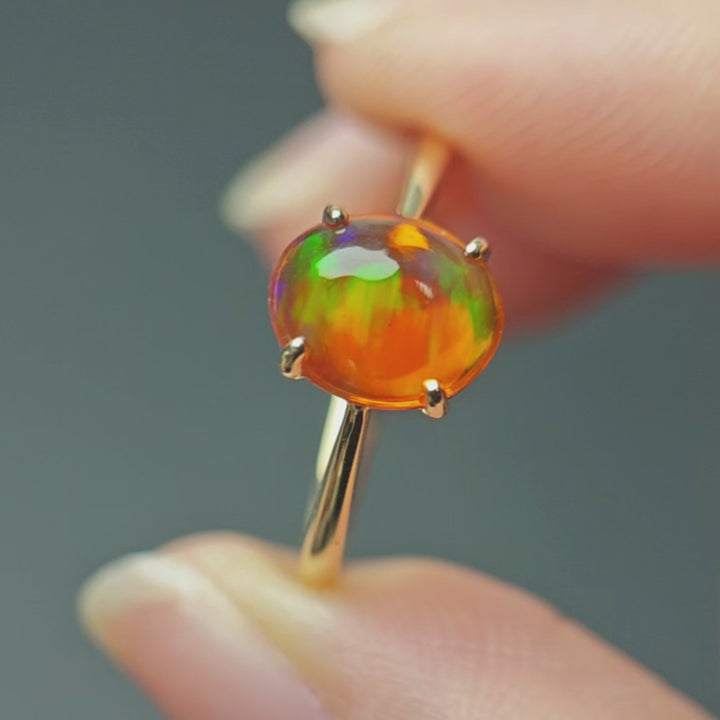 Rainbow Color Mexican Fire Opal Engagement Wedding Ring 14K Gold