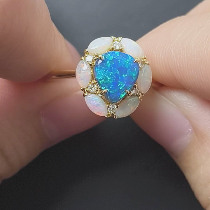 Black Opal Surrounded by Crystal Opals Diamonds Engagement Ring