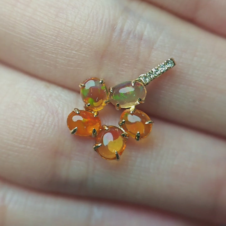 Flower Design Mexican Fire Opal Diamond Pendant Necklace 14k Yellow Gold