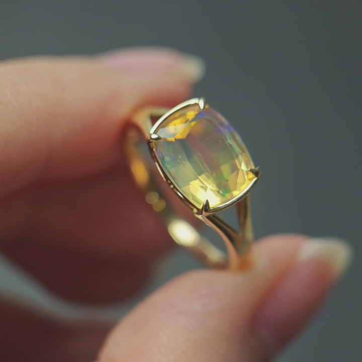 2.21ct Rainbow Faceted Mexican Fire Opal Engagement Ring 14K Yellow Gold