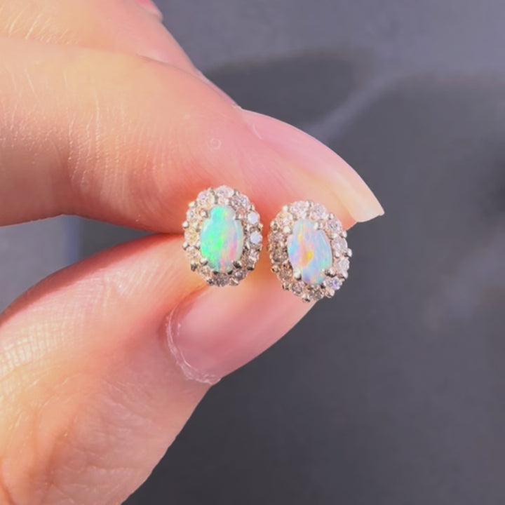 Black Opal & Halo Diamond Stud Earrings