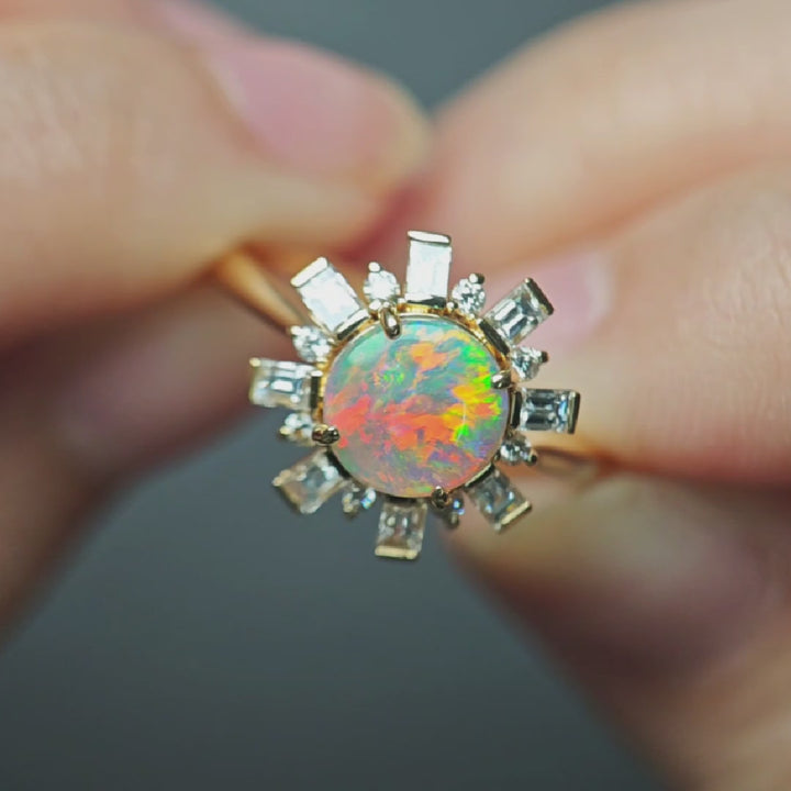 Baguette Diamond Black Opal Engagement Ring 14K Yellow Gold