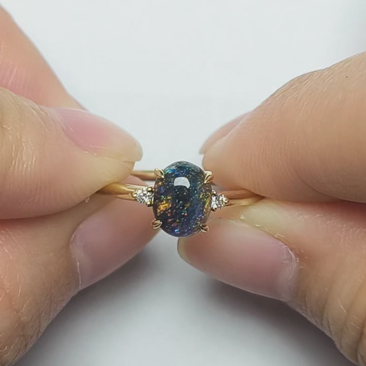 Colorful Black Opal Diamond Engagement Ring