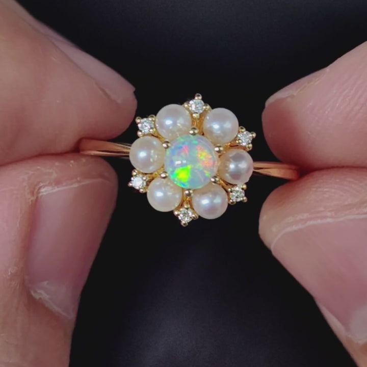 Engagement Ring with Opal Pearls Diamonds