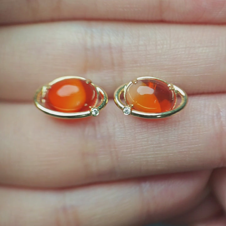 Earth and Moon Design Mexican Egg Fire Opal & Diamond Stud Earrings 14K Yellow Gold