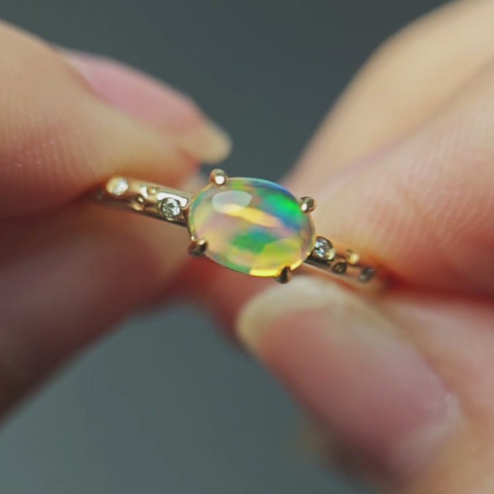 Exquisite 14K Yellow Gold Engagement Ring with Mexican Fire Opal and Diamonds