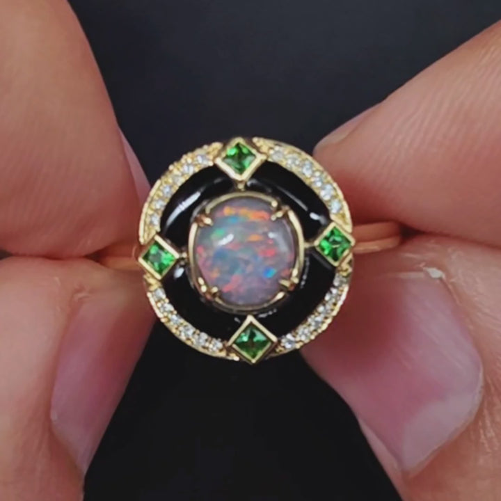 Black Opal, Diamond & Tsavorite Engagement Ring