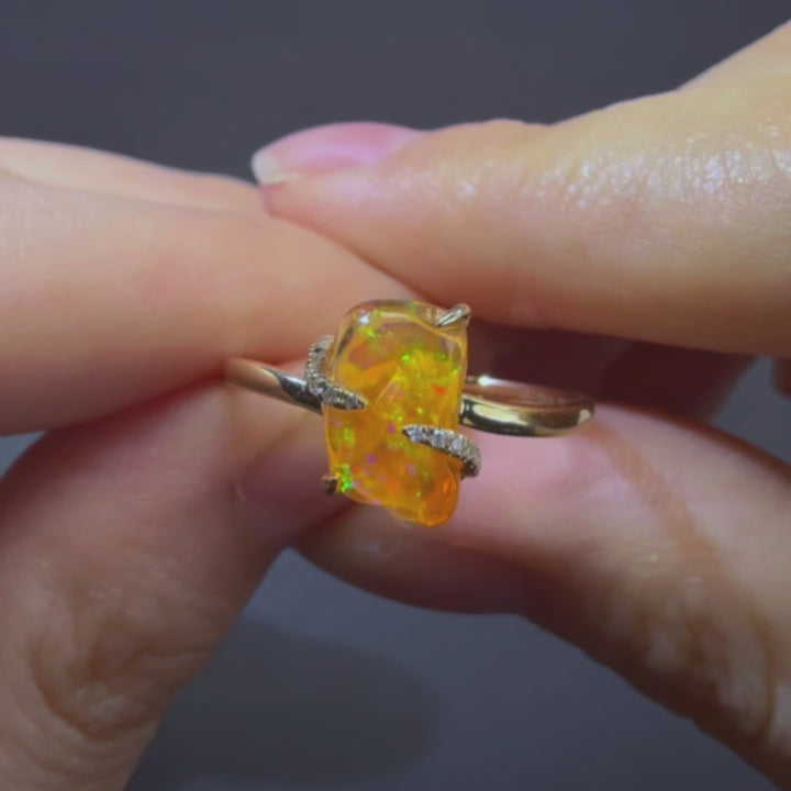Solid 14K Gold Fire Opal Cocktail Ring with Diamonds