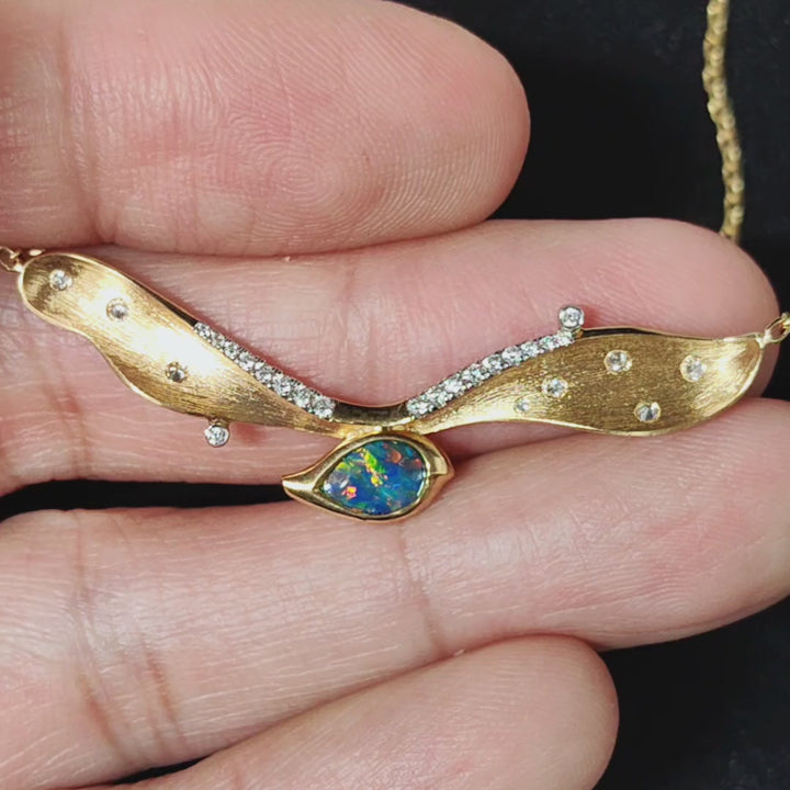 Extremely Rare Two Side Black Opal Seagull Wing Necklace & Diamond