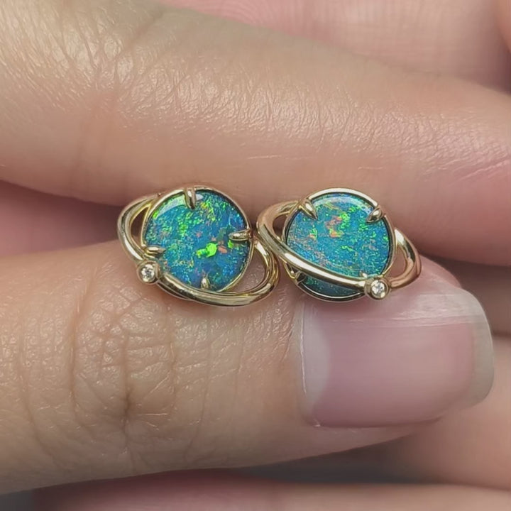 Saturn Design Doublet Opal Stud Earrings