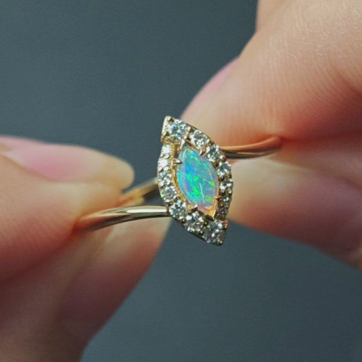 Marquise Cut Australian Solid Opal Halo Diamond Ring 14K