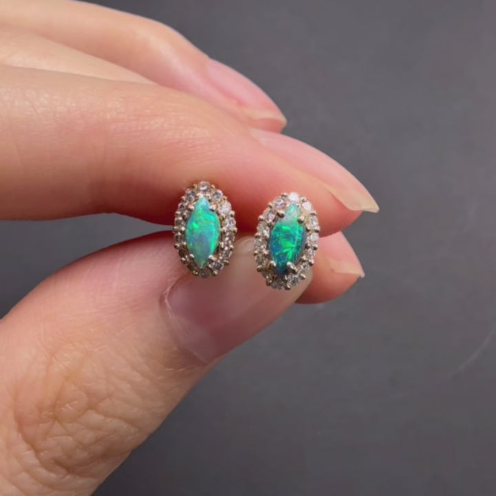 Marquise Black Opal & Halo Diamond Stud Earrings