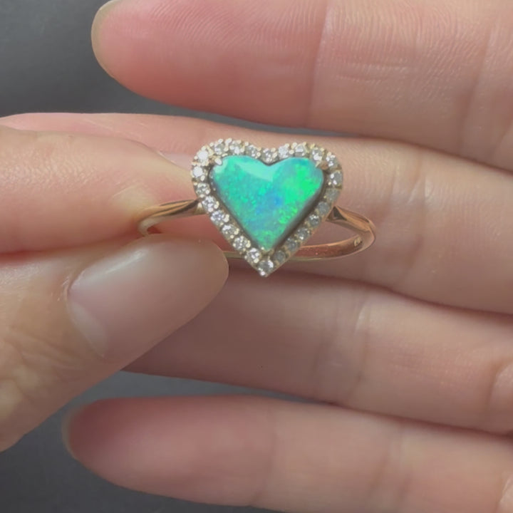 Heart Shaped Black Opal Halo Diamond Ring