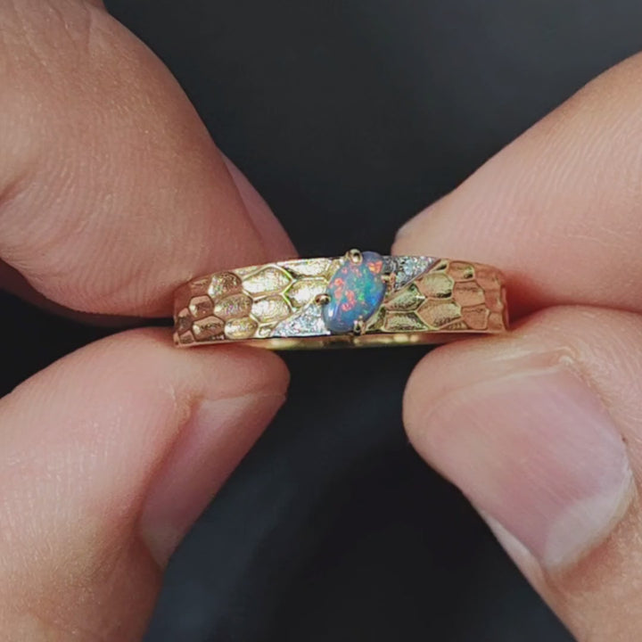 Hammered Finish 18K Gold Black Opal Diamond Engagement Ring