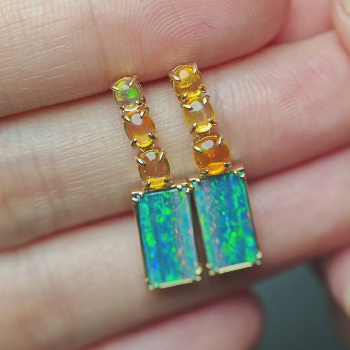 Rectangle Australian Solid Opal & Fire Opal Drop Earrings 14K Yellow Gold